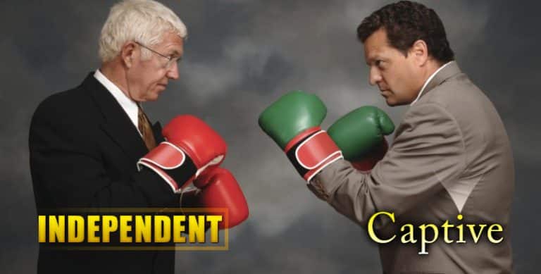The image depicts two businessmen in business suits facing off with boxing gloves, with "Independent" and "Captive" written to show the difference between Captive and Independent Equipment leasing.