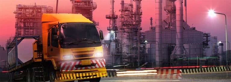 The image shows an oil and gas petrochemical plant and a truck transport container with logistics.