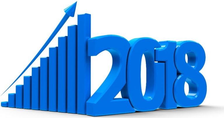 The image illustrates a business graph with an upward arrow, and 2018 symbolizes growth in the new year through three-dimensional rendering.