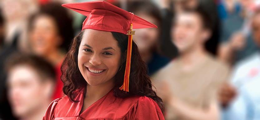 The image portrays a portrait of a female graduate.