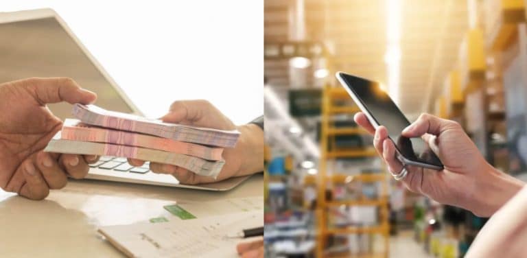 The first image shows cash reserves, while the other image depicts someone holding a mobile phone.