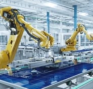 The image depicts an extensive production line with industrial robot arms assembling solar panels on a conveyor in a modern, bright factory.