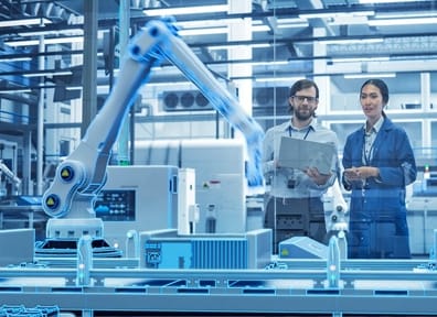 Automated Robot Arm and AI Assembly Line Manufacturing Advanced Equipment.