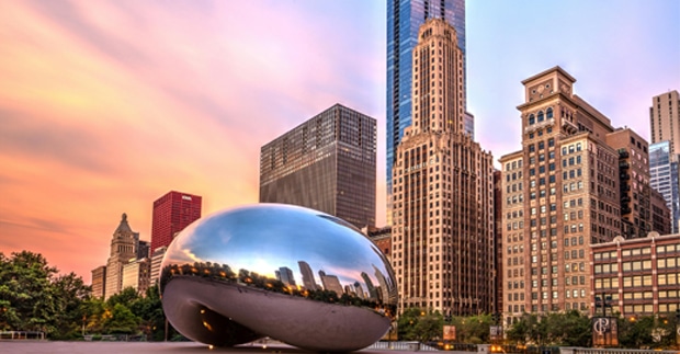 Cloud Gate (the Bean), a public sculpture by Anish Kapoor, at Millennium Park in Chicago, Illinois.