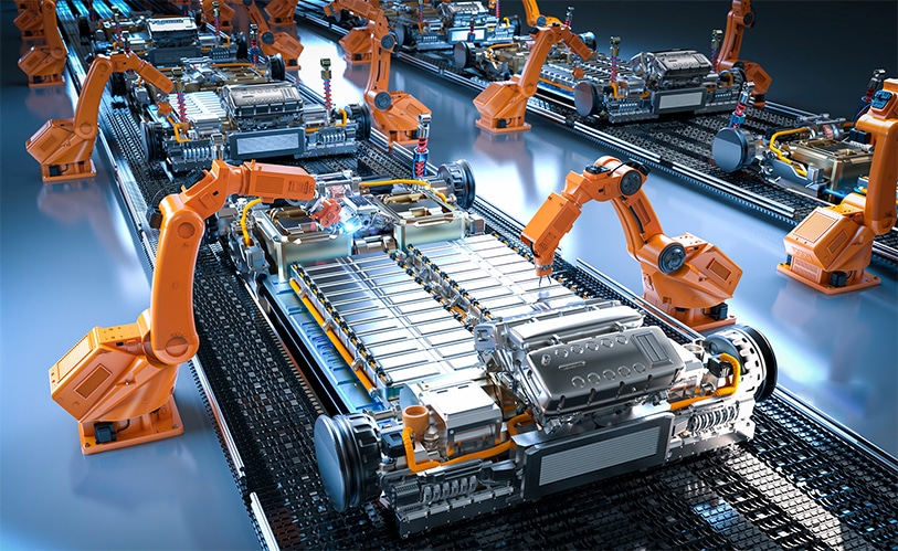 The image shows a robot assembly line with a platform carrying an electric car battery cell module.
