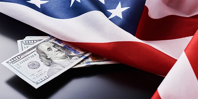The image shows the USA national flag and USD banknotes on a dark background, representing a business and finance leasing concept.