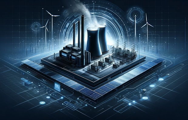 The image illustrates a smart energy facility or power plant integrated into a high-tech, digital environment.