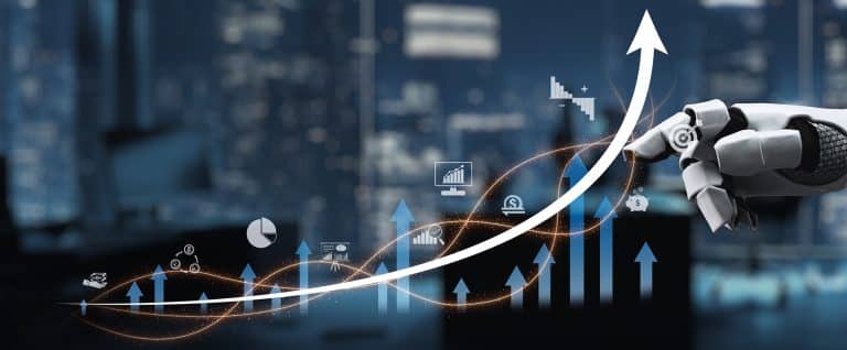 Robotic hand interacting with a growing financial graph and upward arrow, symbolizing increased cash flow and enhanced portfolio performance through equipment leasing for family offices and private capital firms.