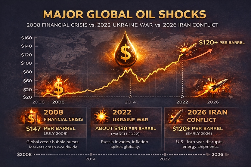Major Global Oil Shocks - 2008 Financial Crisis vs. 2022 Ukraine War vs. 2026 Iran Conflict