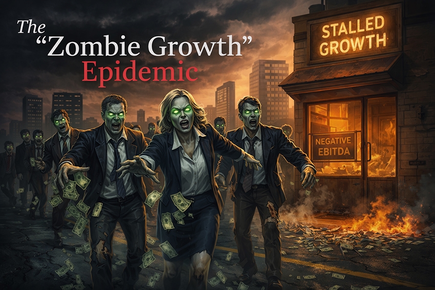 Illustration of business professionals depicted as zombies dropping cash as they walk past a building with signs reading 'Stalled Growth' and 'Negative EBITDA', representing the 'Zombie Growth' epidemic.