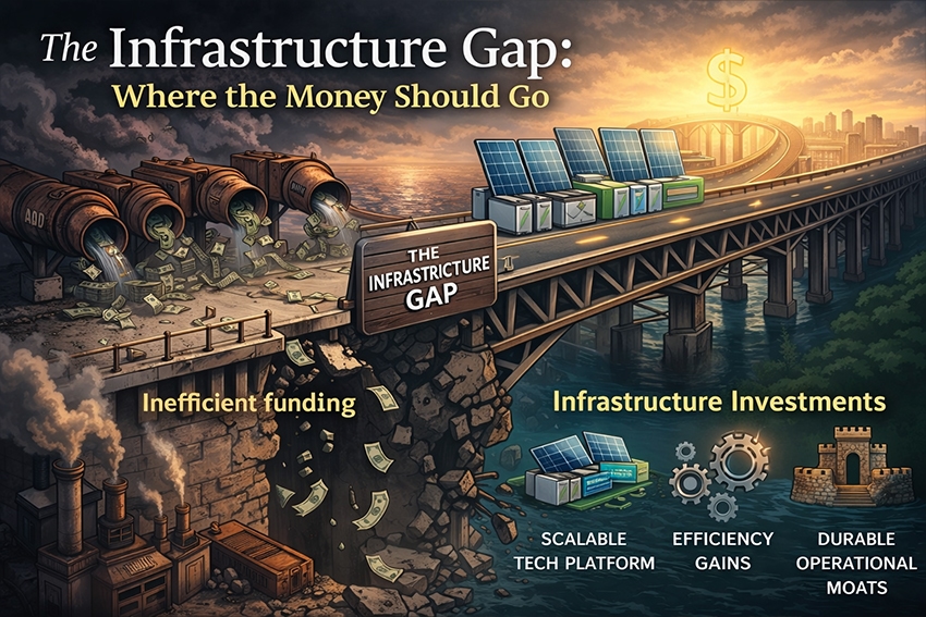 A visual comparison showing the infrastructure gap between inefficient funding and sustainable infrastructure investments like solar power and tech platforms.