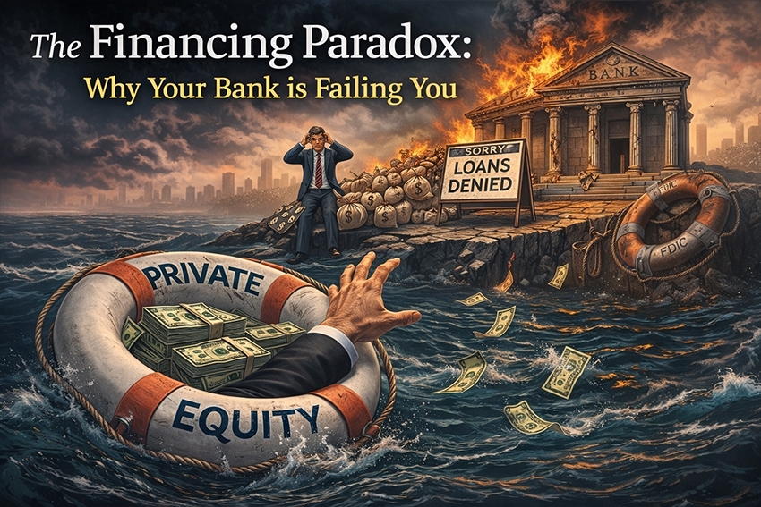 A businessman stranded by a burning bank and a 'Loans Denied' sign reaches for a 'Private Equity' life preserver.