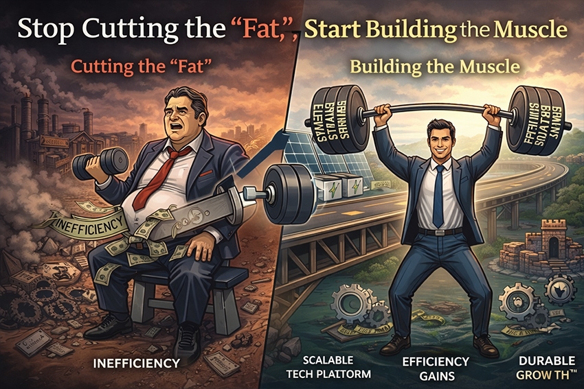 A visual comparison of an inefficient businessman cutting the fat versus a successful businessman building muscle for durable growth.