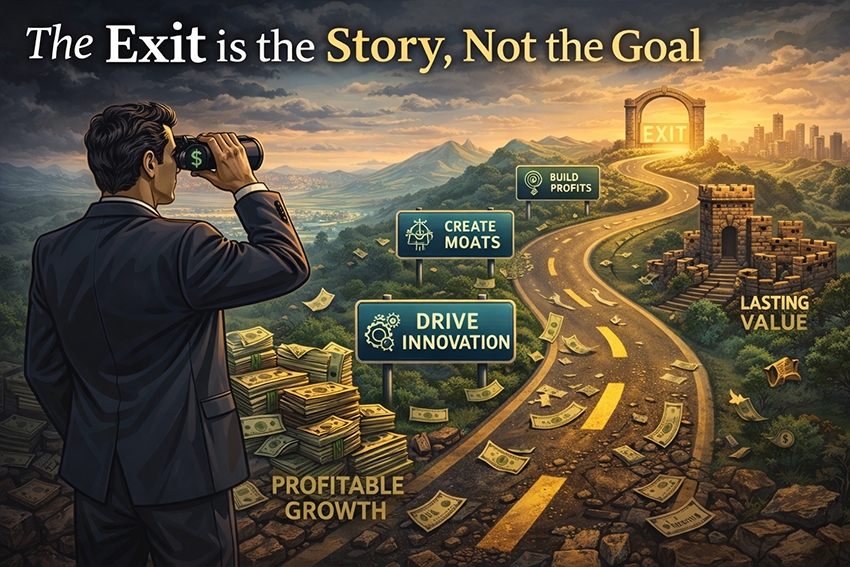 A businessman looking toward an 'Exit' archway down a road marked with signs for driving innovation, creating moats, and building profits to achieve lasting value.