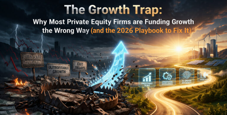 Title graphic contrasting the dark trap of unprofitable private equity growth with a bright, sunny path toward AI-driven efficiency and profitable scale.